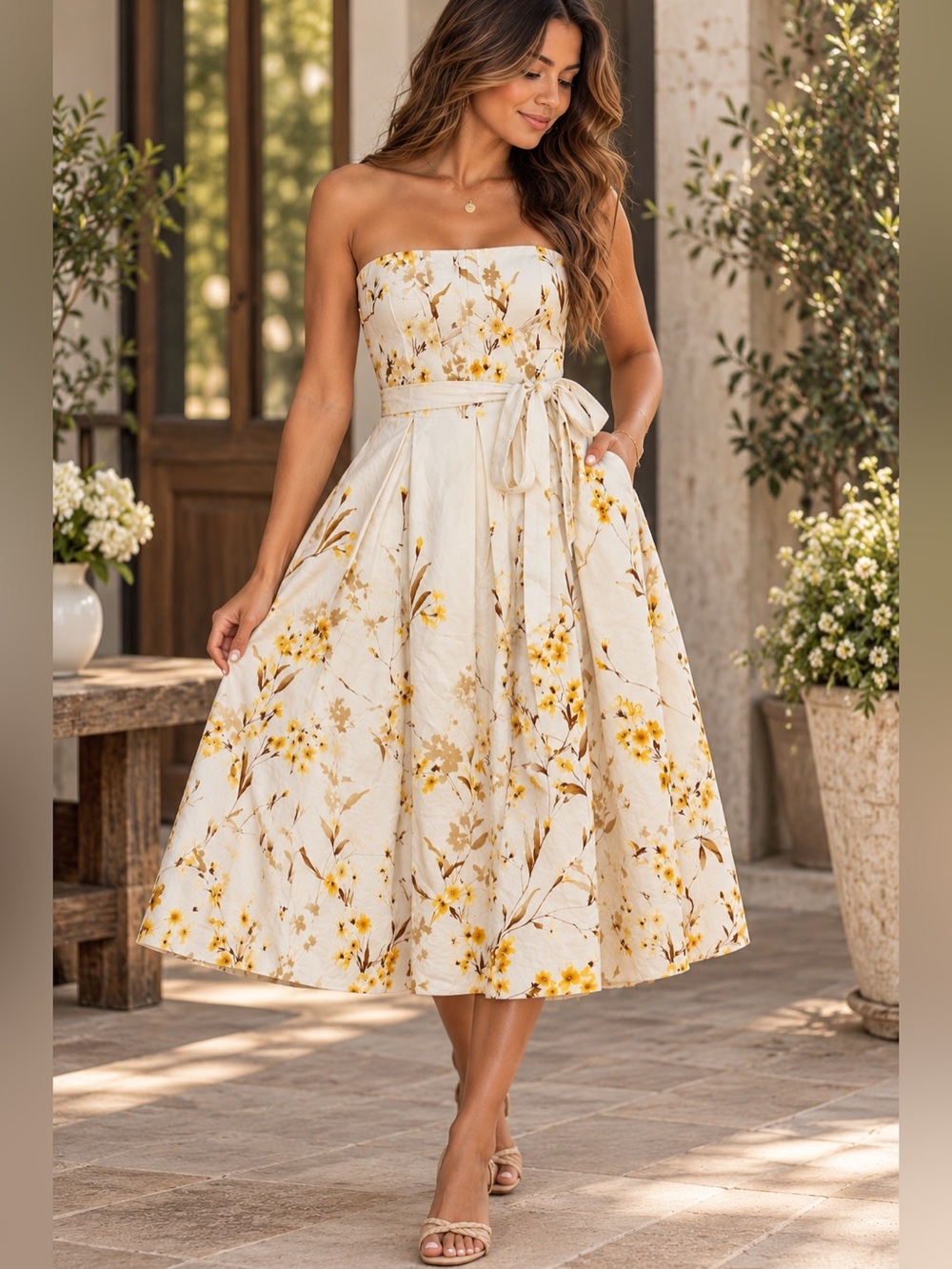 A.P.N.Y. Strapless Floral Midi Dress White Yellow Size 12